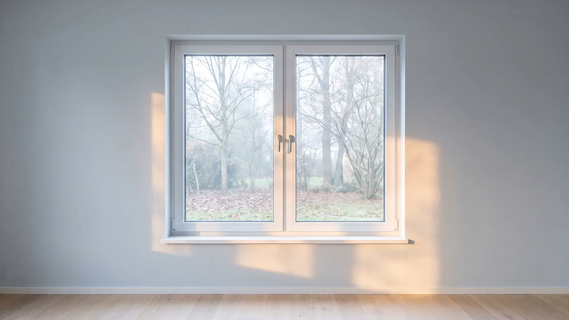 Neues weißes Fenster mit klarem Glas, warmes Licht fällt in den Raum