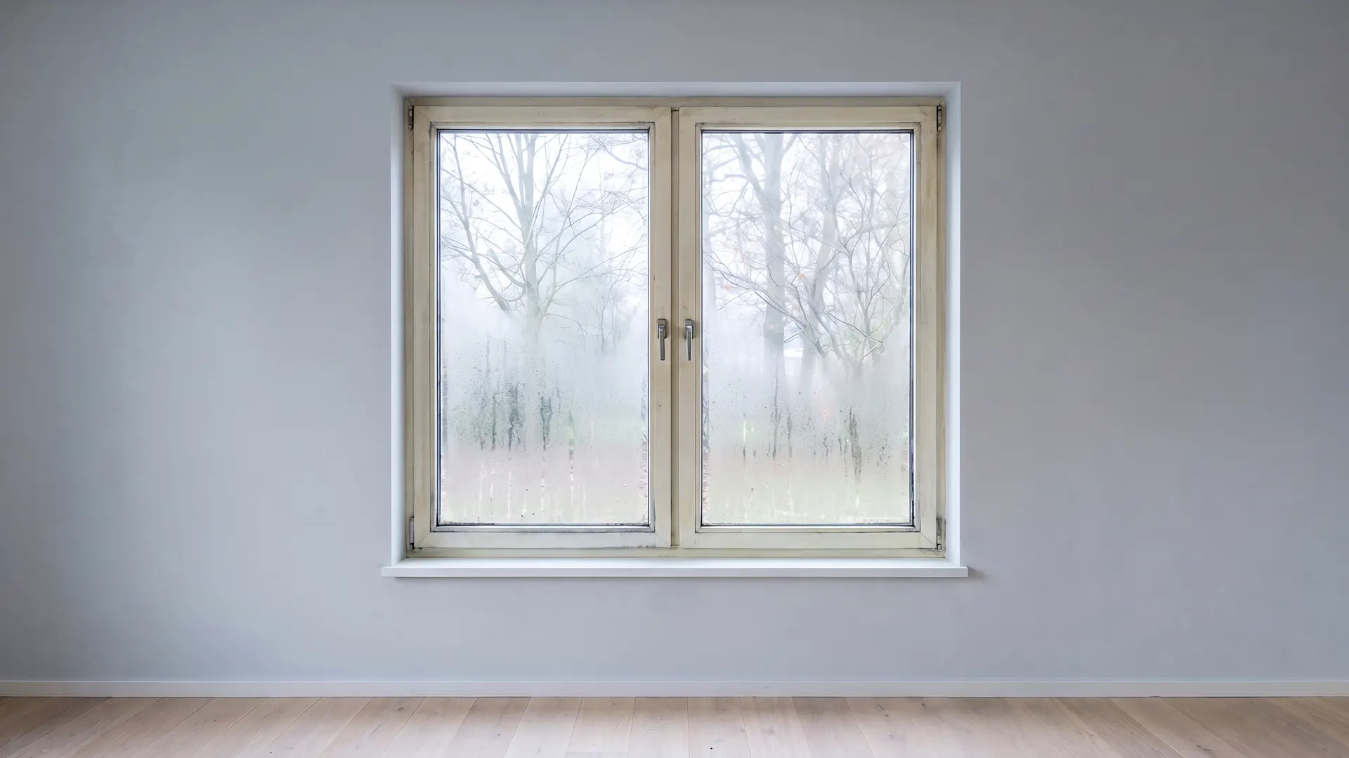 Altes Fenster mit vergilbtem Rahmen, die unteren Scheiben sind beschlagen